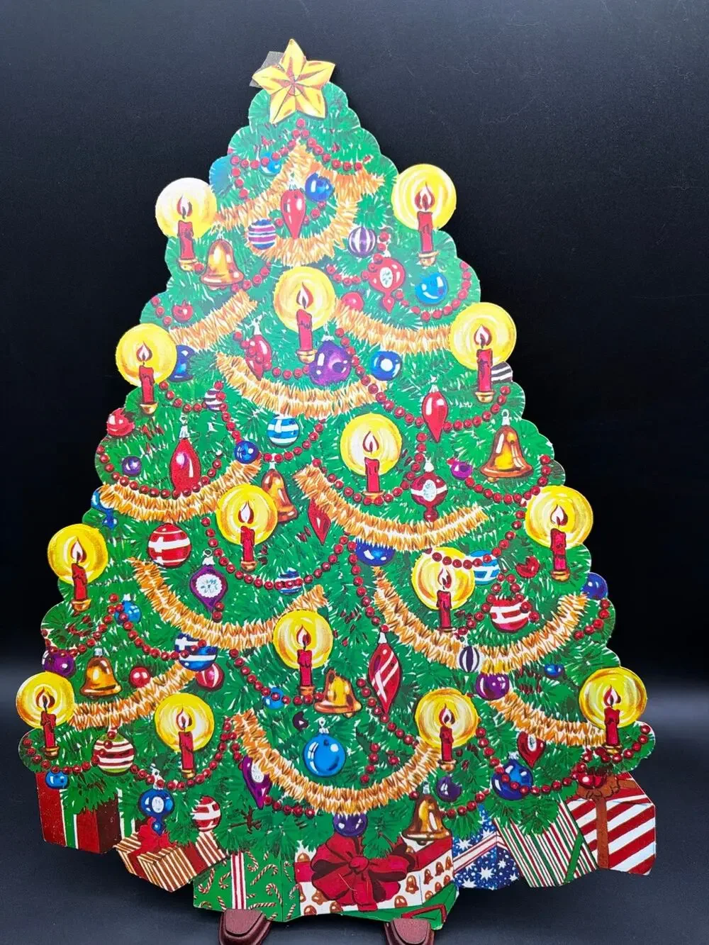 Vintage Cardboard Christmas Tree Die Cut Stand Up Candle Ornament Holiday Decor